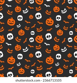 Halloween pattern with cute pumpkins flying bats skills and  scary faces isolated on black background