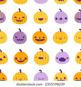 Halloween pattern with cute pumpkins. Seamless vector print with stylized doodle pumpkins for kids.