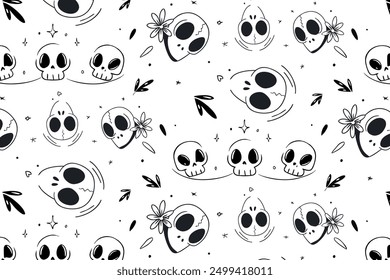 Halloween pattern with cute skulls and floral elements. Perfect for festive wrapping paper and background designs.