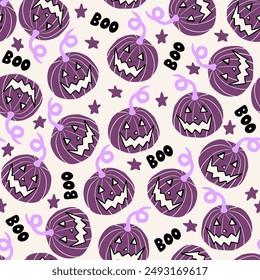 Halloween pattern with cute spooky pumpkins in purple, black and white colors. Boo text, star shape, Jack-o-lantern seamless repeat background, wallpaper.