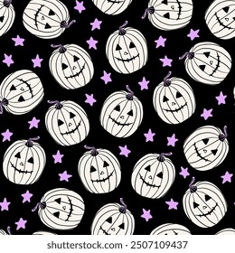Halloween pattern with cute spooky pumpkins in purple, black and white colors. Jack-o-lantern with stars seamless repeat background for fabric, paper design.