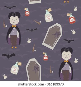 Halloween pattern of a cute vampire. Vampire, coffin, potion in glass, flasks, garlic and a wooden stake.It can be used for design Halloween party, invitations, scrapbook.