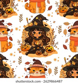 Halloween Pattern with Cute Witch and Cat. Seamless Design Featuring Witch Girl and Pumpkins
