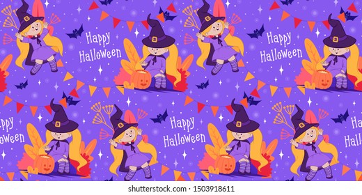 Halloween pattern cute witch and stars on blue background. Halloween wrapping pattern.