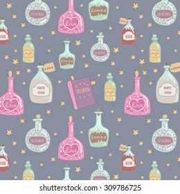 Halloween pattern for decoration. Bottle jar with pink hearts, with blood, zombie potion, potion for love, brave and book of spells.  It can be used for design Halloween party invitations, scrapbook.