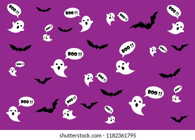 Halloween Pattern decoration with ghost, and bats as design element in purple background