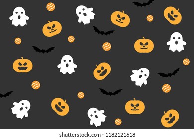 Halloween Pattern decoration with ghost, candy and pumpkin as design element in dark background