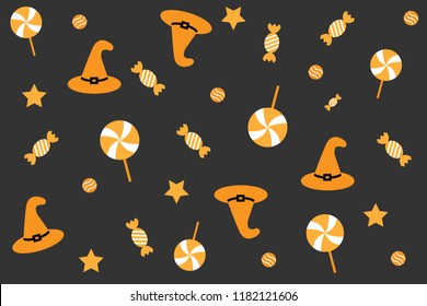 Halloween Pattern decoration with hat witch, candy and star as design element in dark background