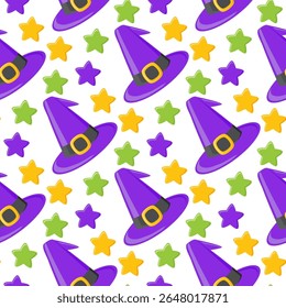 Halloween Pattern decoration with purple hat witch, spider and spider web as design element Cute vector seamless pattern with Halloween illustrations.
