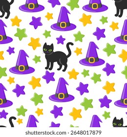 Halloween Pattern decoration with purple hat witch, spider and spider web as design element Cute vector seamless pattern with Halloween illustrations.