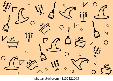 Halloween Pattern decoration with witch hat, candle, and broomstick as design element in outline style