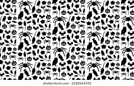 Halloween Pattern Design, Black Color Vector Silhouette Pattern, White Background Halloween Element Pattern Vector Design, Vector Silhouette Pattern Design With Various Elements