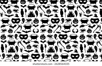 Halloween Pattern Design, Black Color Vector Silhouette Pattern, White Background Halloween Element Pattern Vector Design, Vector Silhouette Pattern Design With Various Elements