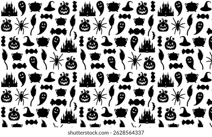 Halloween Pattern Design, Black Color Vector Silhouette Pattern, White Background Halloween Element Pattern Vector Design, Vector Silhouette Pattern Design With Various Elements