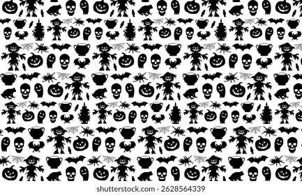 Halloween Pattern Design, Black Color Vector Silhouette Pattern, White Background Halloween Element Pattern Vector Design, Vector Silhouette Pattern Design With Various Elements