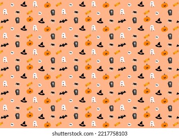 Halloween Pattern design concept. Cute Pumpkin, Ghost, Spooky elements with orange background. Creative illustration for poster, web, landing, page, cover, ad, greeting, gift, card, presentation
