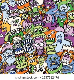 Halloween pattern design featuring legendary monsters and creatures. A crowd of weird beings appears bitting and scaring each other to creative a spooky decorative design. Wallpaper for decoration