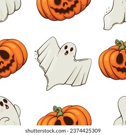 Halloween Pattern design, Ghosts, Scary Pumpkin Evil Background. Spooky Halloween Background with Pumpkins with Scary Faces, Evil Pumpkins Background