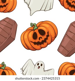 Halloween Pattern design, Ghosts, Scary Pumpkin Evil Background. Spooky Halloween Background with Pumpkins with Scary Faces, Evil Pumpkins Background