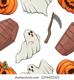 Halloween Pattern design, Ghosts, Scary Pumpkin Evil Background. Spooky Halloween Background with Pumpkins with Scary Faces, Evil Pumpkins Background