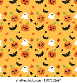 Halloween pattern design with pumpkins, bats, ghosts, leaves and stars. Halloween background design.Vector illustration.