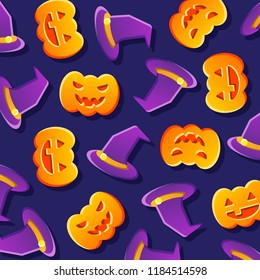 Halloween Pattern Design with Witch Hat and Pumpkin. Background and Wallpaper. Cartoon Character Art.