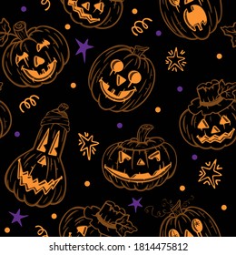 Halloween pattern with different black pumpkins with carved faces and stars. Vector seamless illustration on the black background.