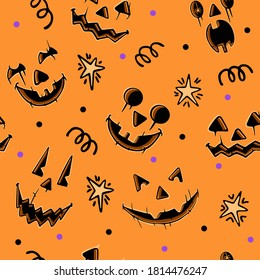 Halloween pattern with different pumpkins carved faces. Vector seamless illustration on orange background.