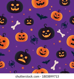 Halloween pattern with different pumpkins, spooky jack o lantern, spiders and bats