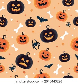 Halloween pattern with different pumpkins, spooky jack o lantern, spiders and bats. Vector illustration