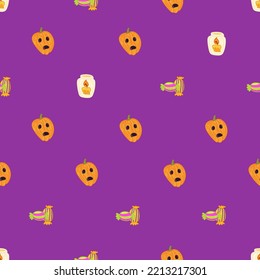 Halloween pattern with different pumpkins, spooky jack o lantern, sweets and candles.