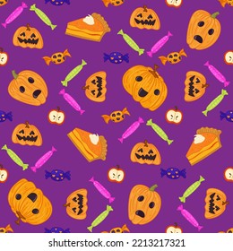 Patrón de Halloween con diferentes calabazas, espeluznante jack o linterna, caramelos y tarta de calabaza.