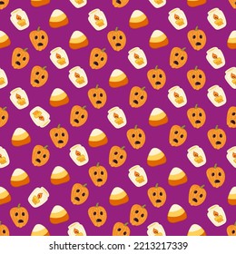 Halloween pattern with different pumpkins, spooky jack o lantern, sweets and candles.