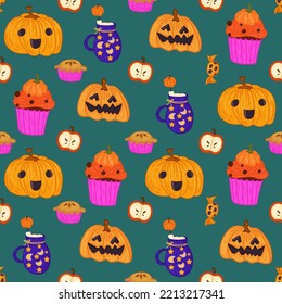 Halloween pattern with different pumpkins, spooky jack o lantern, muffins and pumpkin drink.