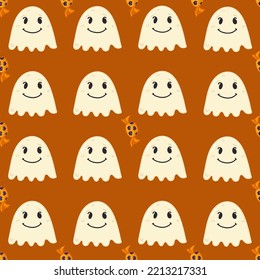 Halloween pattern with different sweets, spooky jack o lantern and ghost.
