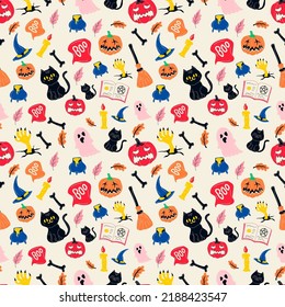 Halloween pattern with different tyrolean elements. Seamless pattern with doodles in color. Vector.Modern flat cartoon style.