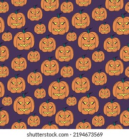 Halloween pattern. Doodle pumpkin lanterns. Colorful seamless background with autumn holiday symbols jack-o- lanterns. Halloween hand drawn elements. Vector illustration.