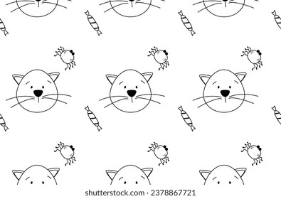 Halloween. Pattern in doodle style. Cat, spider and candy. Vector.