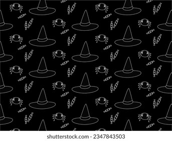 Halloween. Pattern in doodle style. Hat and spider. Vector.