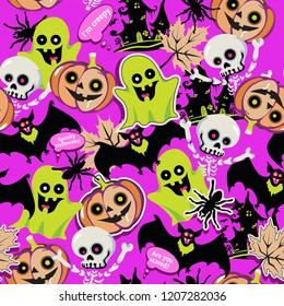 Halloween pattern, doodles gost, pumpkin, bat, seamless texture, background, vector illustration