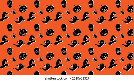 Halloween. pattern of halloween elements stuff. pumpkin,ghost,witch hat,spider. orange background