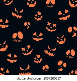 Patrón de Halloween de emoción naranja cara de calabazas en un fondo negro. Cara diferente con emoción