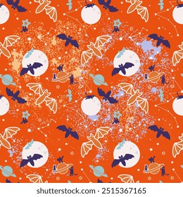 Halloween pattern. Endless background with bats, cats, cosmic night sky in naive style. Vector illustration for Halloween. Orange background with grunge texture.	 