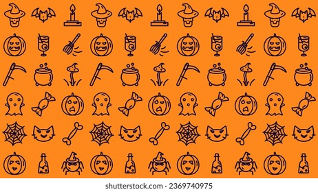 Halloween pattern. Endless background with pumpkin, skull, spider, ghosts, candy, mushroom, ghost, cat, skull, candle, bat, scythe, death, cocktail. Background for textile, wrapping paper, printing.