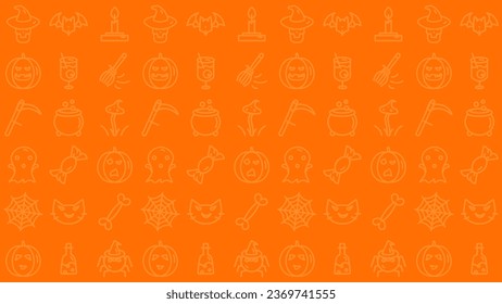 Halloween pattern. Endless background with pumpkin, skull, spider, ghosts, candy, mushroom, ghost, cat, skull, candle, bat, scythe, death, cocktail. Background for textile, wrapping paper, printing.