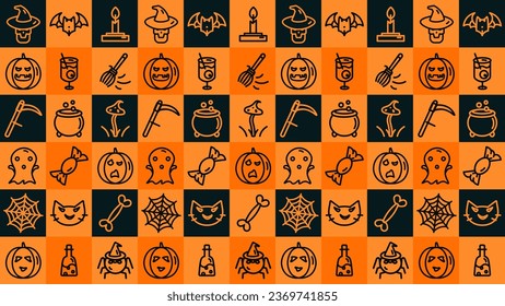 Halloween pattern. Endless background with pumpkin, skull, spider, ghosts, candy, mushroom, ghost, cat, skull, candle, bat, scythe, death, cocktail. Background for textile, wrapping paper, printing.