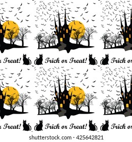 Halloween Pattern for fabric, wrapping paper. Trick or Treat - Halloween pattern with castle, bats and cats. Print colors used. Pattern can be found in swatch panel