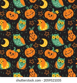Halloween pattern for fabric, wrapping, textile, wallpaper, apparel. Smiling pumpkin, owls, moon, night.  Kids illustration. Autumn season. Vector.