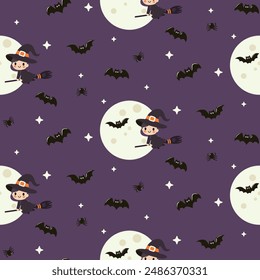  Halloween pattern features a flat style with various iconic elements.Seamless background perfect for use in textiles, wallpapers, and festive decorations.
