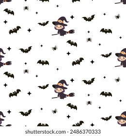  Halloween pattern features a flat style with various iconic elements.Seamless background perfect for use in textiles, wallpapers, and festive decorations.
